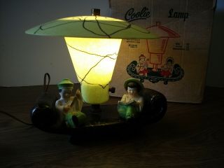 Vintage Coolie TV Lamp Chartreuse Oriental Boy Girl String Accent Shade in Orig 5