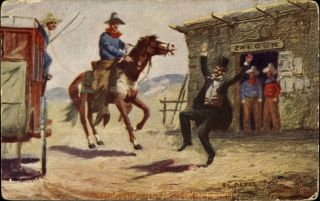 Artist Signed Western Americana Art Postcard Cowboy Chaps Saloon Horse 1908