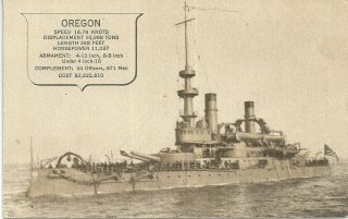Printed Postcard 1671 Divided Back Unposted Usn Battleship Uss Oregon (bb - 3)