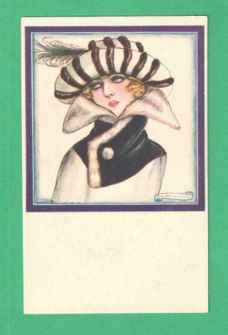 Vintage Nanni Art Deco Postcard Fashionable Lady Feather - Hat