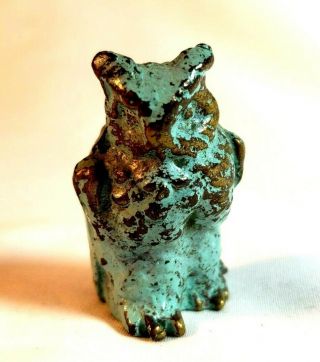 Vintage Small Size Cast Solid Bronze Owl Figure Green Patina