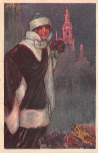 Mauzan Artwork Postcard Building With A Woman In A Fur Coat 119335