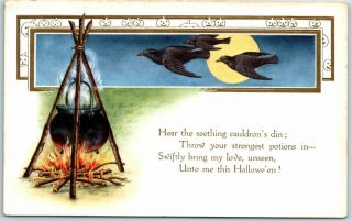 Vintage Whitney Halloween Postcard Crows Flying / Witch 