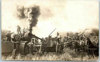 1910s Farming Rppc Real Photo Postcard Field Scene Steam Tractor / Case Thresher
