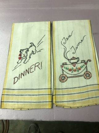 2 Vintage Cotton & Linen Kitchen Dish Towels Striped W Hand Embroidery