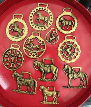11 Vintage English Horse Brass Medallions Horses Sporting Agricultural Figural