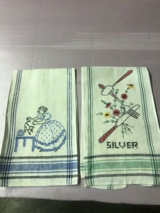 2 Vintage Cotton & Linen Kitchen Dish Towels W Hand Embroidery Women With Cat
