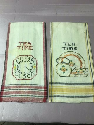 2 Vintage Cotton & Linen Kitchen Dish Towels W Hand Embroidery Tea Time