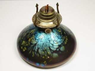 Vtg Bohemian Art Glass Papillon Iridescent Oil Lamp Base Lamplight Farms Burner