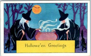 Vintage Whitney Halloween Greetings Postcard 2 Old Witches & Cauldron