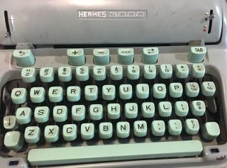 Vintage Hermes 3000 Portable Typewriter W/Case Seafoam Green 2