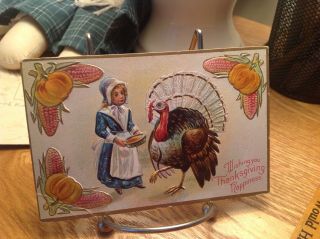 Vintage Thanksgiving Postcard Girl In Blue Feeding Turkey With Dish,  Gold Border