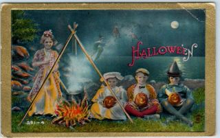 Vintage 1910s Halloween Postcard Kids / Jols / Cauldron Sanders 581 - 4 Not Posted