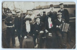 Passengers On Deck Of Ship,  Man Plays Accordion Real Photo Postcard Rppc C.  1915