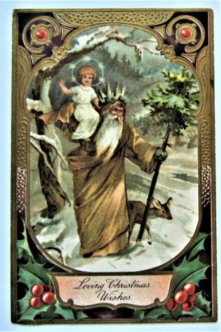 Christmas Gold Postcard Santa Claus In Ice Crown W/ Christ Child & Deer