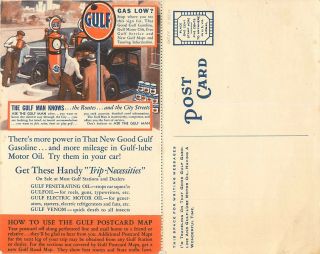 1930 Gulf Oil Service Gas Station Fold Out Texas Map Gainesville Dallas Postcard