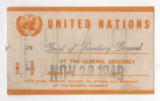 Rare 1949 United Nations Secretary General Trygve Lie Assembly Guest Pass Ny
