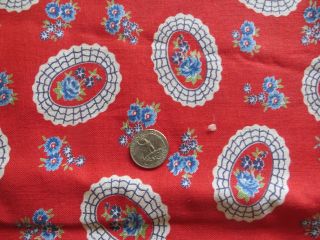 Vintage Feedsack Red Blue Cameo Floral Feed Sack Quilt Sewing Fabric