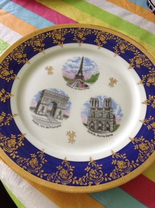 9 1/2 " Limoges Porcelain Dart Collector Plate & Gold Leaf Souvenir De Paris