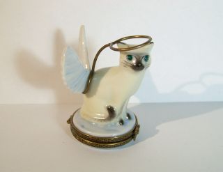 Limoges Gloriette White Angel Cat With Halo & Wings Trinket Box