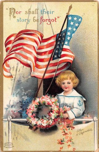 1909 Decoration Or Memorial Day Pc - Sailor Boy On Ship With Am Flag - Eh Clapsaddle