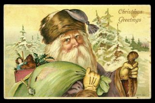 Vintage Purple Robe Santa Postcard 1900s A Merry Christmas Germany