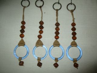 4 Vintage Shade/light Pulls With Blue Glass Rings And Amber Beads 9 1/2 "
