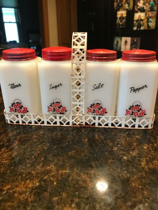 Vintage Tipp City Usa Flower Milk Glass Set Salt Pepper Flour Sugar Shakers