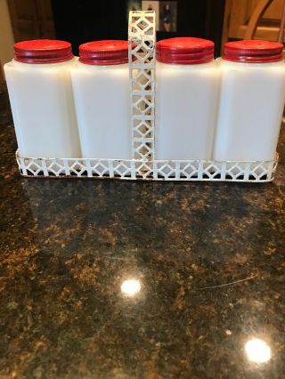 Vintage Tipp City USA Flower Milk Glass Set Salt Pepper Flour Sugar Shakers 8