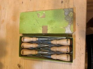 Boxed Set Of Early Craftsman Butt Chisels With Leather Tip Handles - Fine