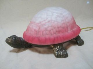 Vintage Cast Iron Turtle Lamp Night Light With Pink Tinted Shell Bronze Look