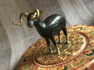 Brass & Enamel Cloisonne Ram Horns Figural Animal Blue & Brass 3.  5 " Tall Vtg