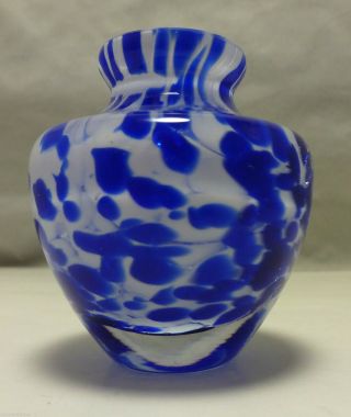 Miniature Cobalt Blue & White Art Glass Urn Shaped Vase