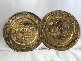 2 Pair Vintage Brass Fox Hunt Horses & Dogs Wall Hanging Round Plates