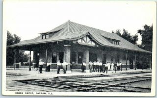 Paxton,  Illinois Postcard " Union Depot " Railroad / Train Station Scene C1920s
