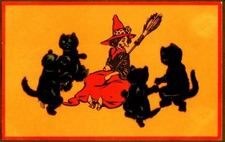 Vintage Halloween Postcard - Witch With Brromstick,  Flock,  Velvet,  Black Cats