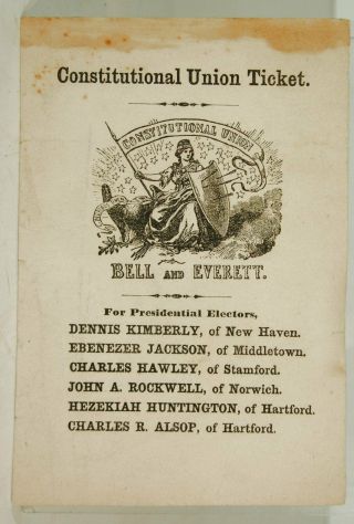 1860 John Bell / Everett Illustrated Presidential Campaign Ballot Connecticut