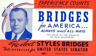 1942 Styles Bridges For Us Senator Blotter Hampshire Nh