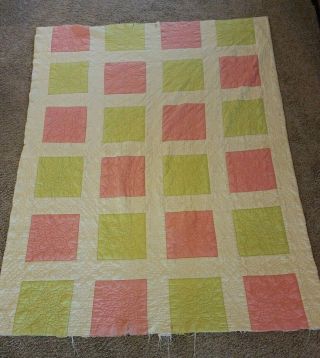 Vintage Cutter Quilt Coral Green Yellow 64 X 78 Hand Quilted