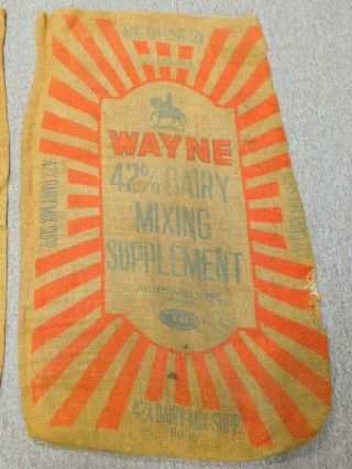 Vintage Burlap Feedsack Feed Sack Wayne Dairy Mixing Allied Mills 100 Lbs Bag