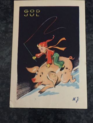 Vintage Swedish Mini Postcard Child Riding Pig God Jul Christmas