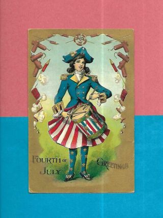 Girl Drummer,  Revolutionary War Rare 4th Of July Vintage 1909 Patriotic Postcard