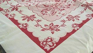 Vtg Pink Red White Heavy Cotton Print Tablecloth Flowers Leaves 58 X 64