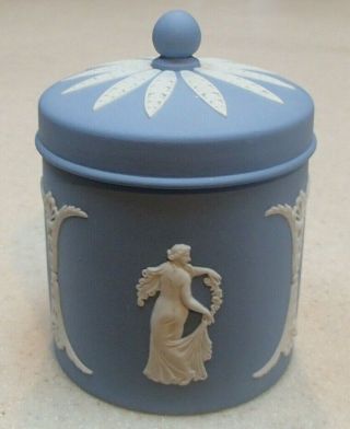 Wedgwood Jasperware White On Blue Vintage 1974 Three Graces Lidded Jar -
