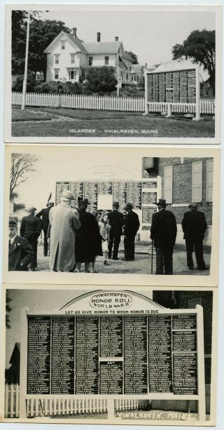 3 Exc 1940s Real Photo Postcards,  Vinalhaven,  Maine Ww2 Honor Roll Billboard