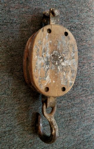 Vintage Antique Industrial Maritime Barn Pulley Wood And Iron
