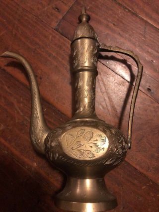 Vintage India Brass Tea Pot Oil Genie Lamp Hand Etched Ornate Design 9.  25 " Tall