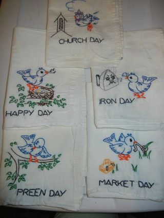 Vintage Set Of 5 Hand Embroidered Kitchen Dish Towels Bluebirds,  Preen,  Iron Etc
