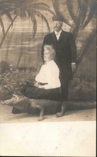 Couple Rppc Man With Woman Sitting On Stuffed Alligator Real Photo Post Card
