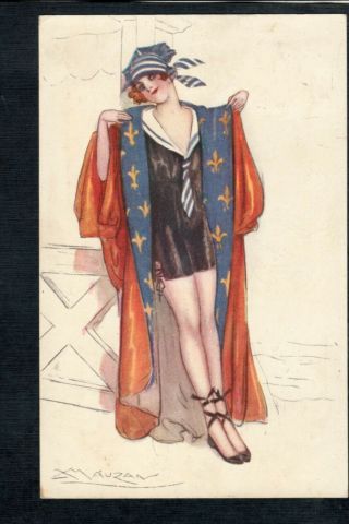 E344 Postcard Artist Signed Mauzan Art Deco Bathing Beauty
